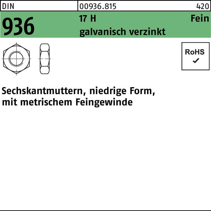 Diagramm einer Sechskantmutter, beschriftet mit '00936.1kt 420', Beschreibung: 'galvanisch verzinkt', mit RoHS-Konformität geprüft.