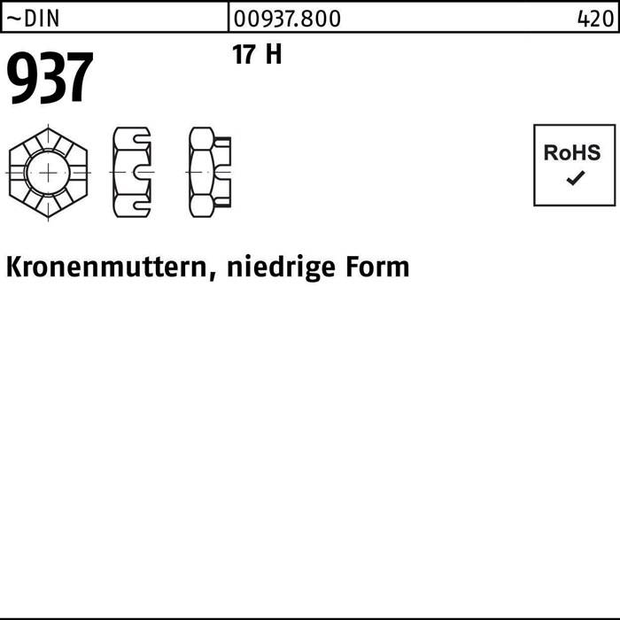 Eine technische Zeichnung einer Sechskantmutter mit einem sternförmigen Loch, beschriftet mit 'Kronenmuttern, niedrige Form'. Angaben zu Größe und Konformität.