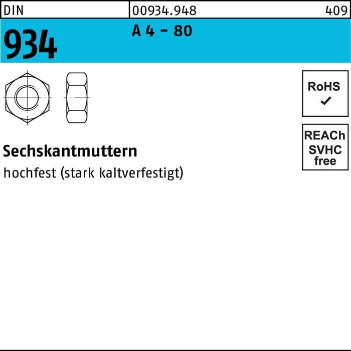 Sechskantmuttern-Illustration mit Vorder- und Seitenansicht. Beschriftet mit 'A 4 - 80'. Text: 'Sechskantmuttern hochfest (stark kaltverfestigt)'. RoHS- und REACH-konform.