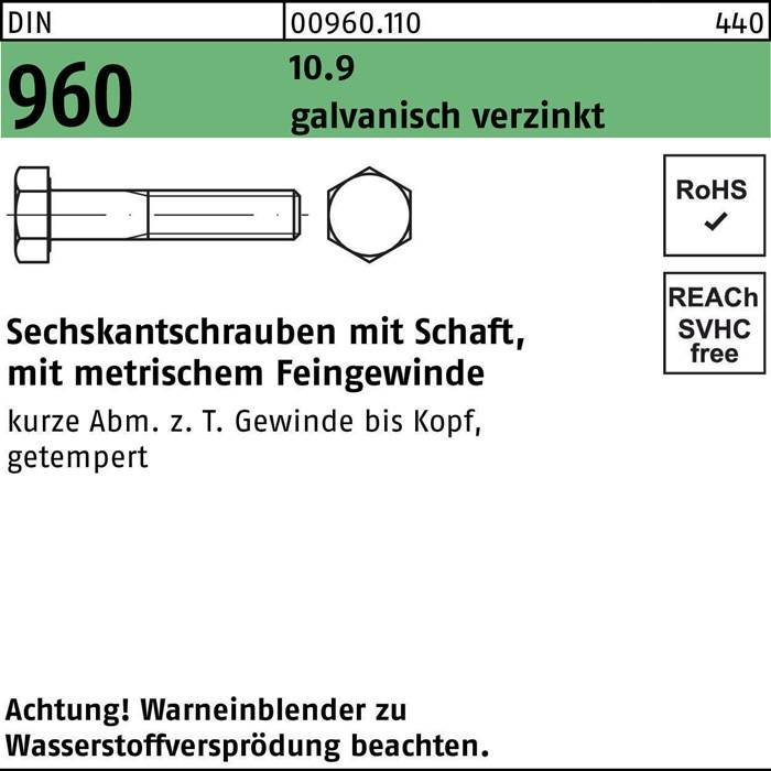 Sechskantschraube DIN 960 Schaft M14x1,5x100 10.9 galv.verz. 50St.