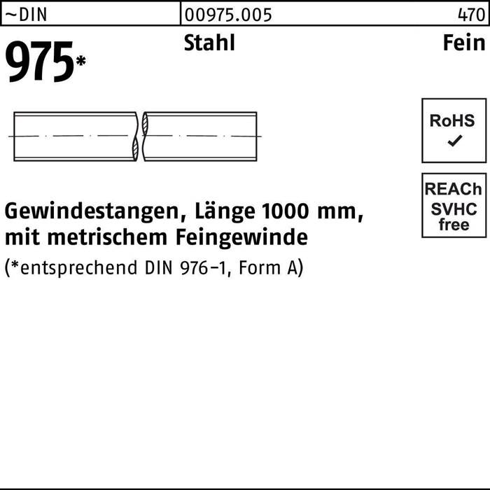 Zeichnung einer Gewindestange mit Längen- und Durchmesserspezifikationen, RoHS- und REACH-Konformität angegeben, entspricht DIN 975-1 Normen.