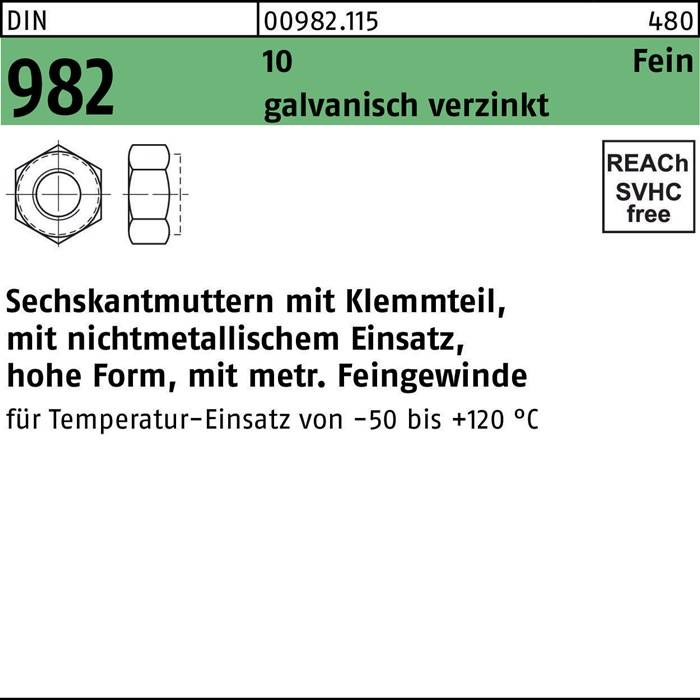Die Abbildung zeigt eine Sechskantmutter mit einem nicht-metallischen Innenteil, geeignet für Temperaturen zwischen -50 und 120°C.