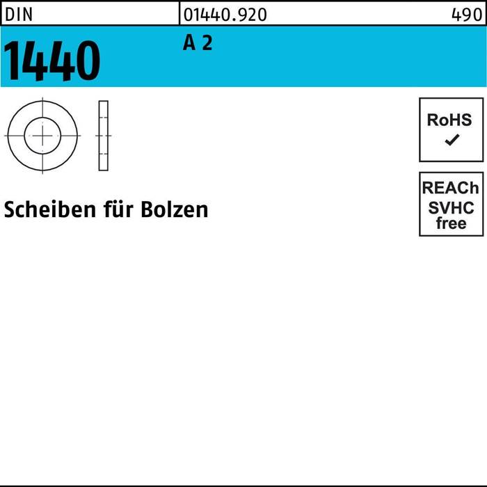 01440.920 A 2' wird oben angezeigt. Darunter eine technische Zeichnung einer Scheibe, beschriftet mit 'Scheiben für Bolzen'. Zwei Häkchen markieren 'RoHS' und 'REACH free'.