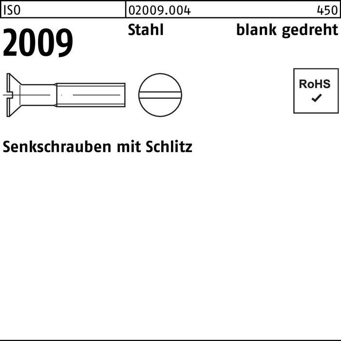 2009', Diagramm einer geschlitzten Gewindestiftschraube aus Stahl, mit ISO 2009.004, 450. Enthält Konformitätsprüfzeichen für 'RoHS'.