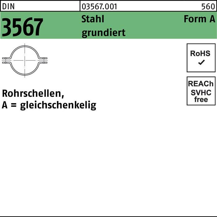 Ein Etikett für Produkt 3567 mit folgenden Spezifikationen: Stahl, Form A, mit dem Text ‚RoHS', ‚REACH SVHC frei' und einem symmetrischen Ringdiagramm.