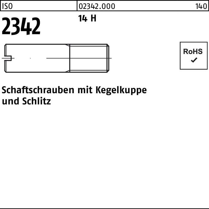 Zeichnung einer Schraube mit Kegelkopf und Schlitz, begleitet von Text in Deutsch: 'Schaftschrauben Kegelkopf und Schlitz'. ISO '02342', RoHS-konform.
