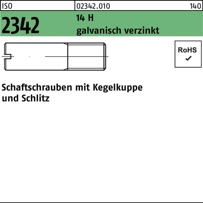 ISO 2342 verzinkte Schaftschrauben mit einem Durchmesser von '14 H'. RoHS-konform. Diagramm zeigt Schraubendimensionen und -profil.