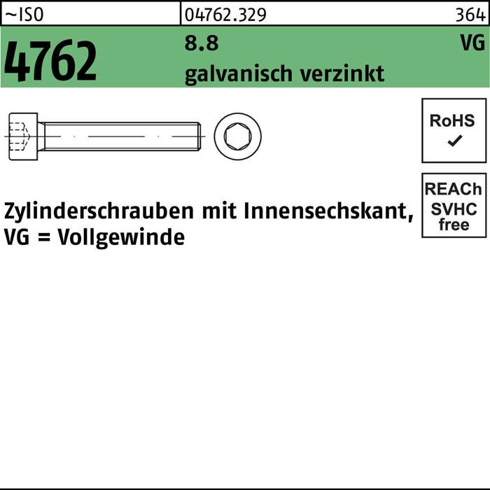Etikett zeigt Schraubentyp '4762', Festigkeitsklasse '8.8', verzinkt, mit Innensechskant; RoHS-konform. Enthält Diagramm, Abmessungen und Konformitätsangaben.