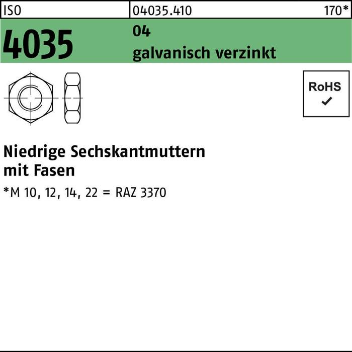 4035 Niedrige Sechskantmuttern mit Fasen' verzinkte Sechskantmuttern, Größe M10, M12, M14, RAZ 3370, RoHS-konform.