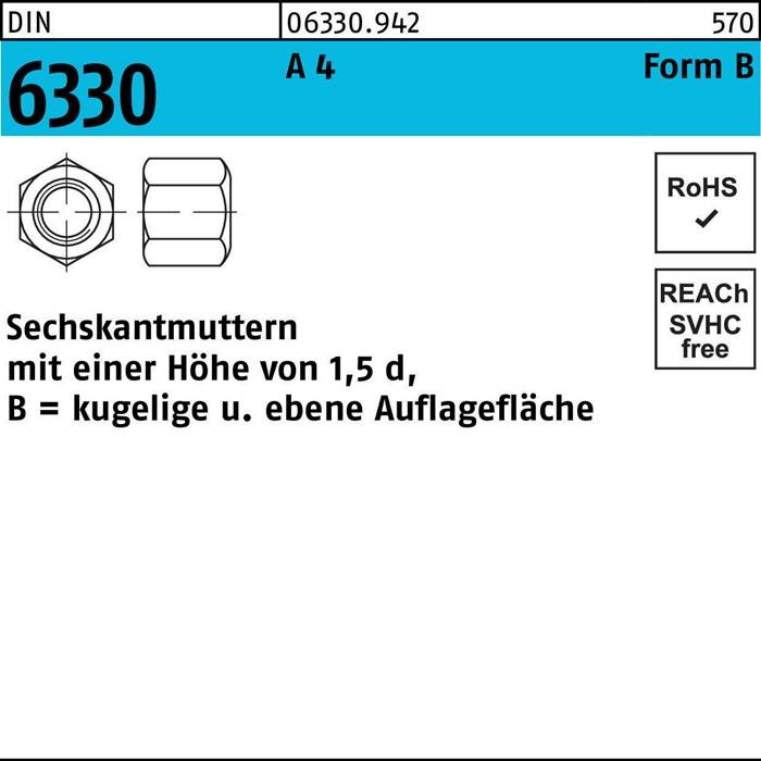 Diagramm einer Sechskantmutter mit sphärischer und flacher Kontaktfläche. Teilenummer: 0630.942, Größe: 570. Konformität: RoHS, REACH, SVHC.