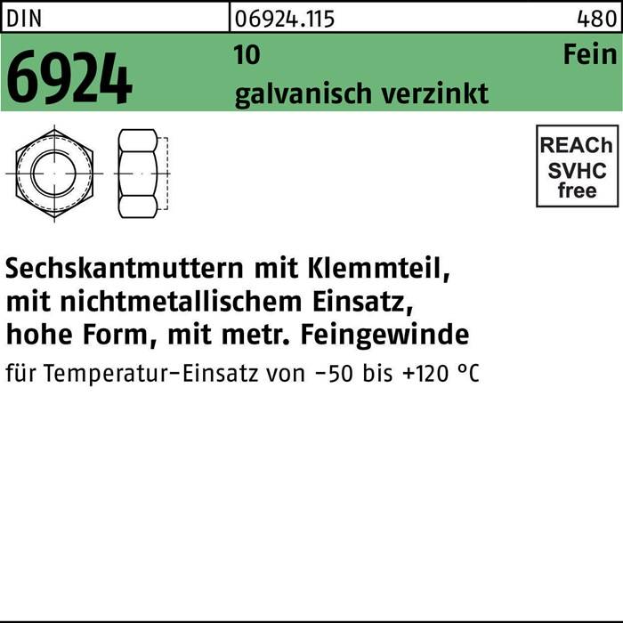 Sechskantmutter DIN 6924 Klemmteil M10x 1 10 galv.verz. 100 Stück