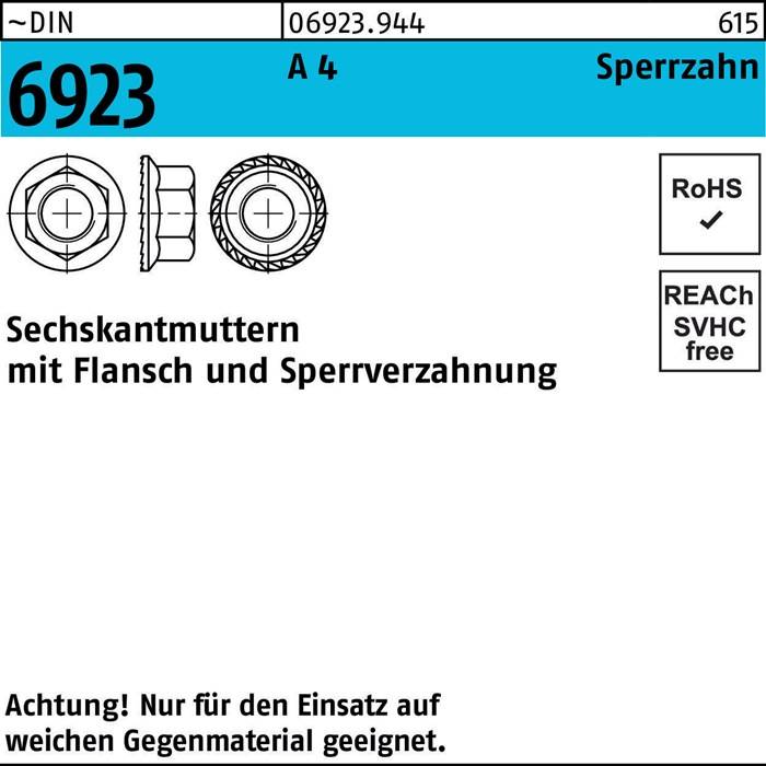 6923 Sechskantmuttern mit Flansch und Sperrverzahnung' gefolgt von einer Warnung: 'Achtung! Nur für den Einsatz auf weichem Gegenmaterial geeignet.
