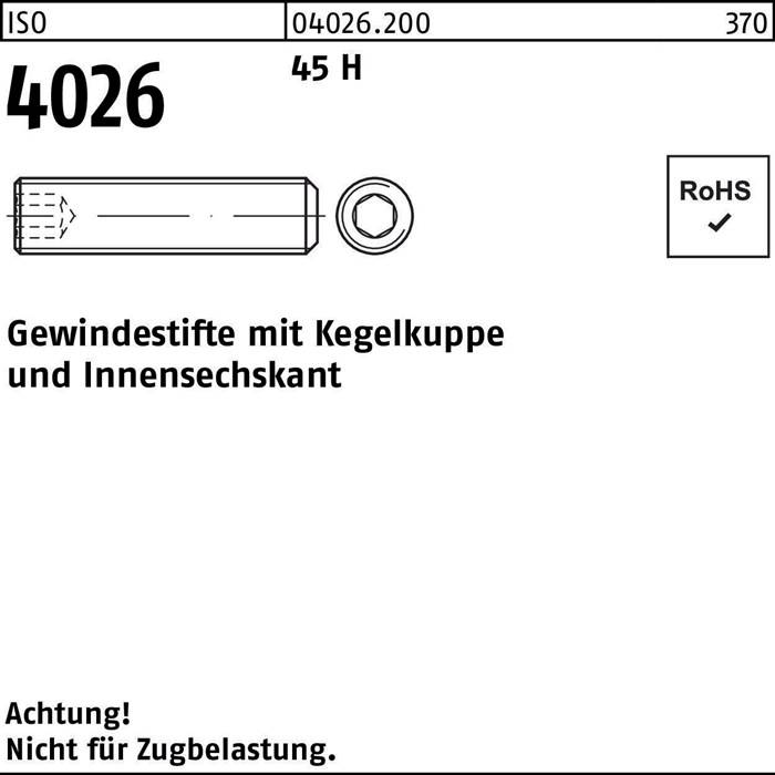 Das Bild zeigt einen Bolzen mit der Bezeichnung '4026' und den Spezifikationen als Gewindestift mit Kegelspitze. Hinweis 'Achtung! Nicht für Zugbelastung'. RoHS-konform.