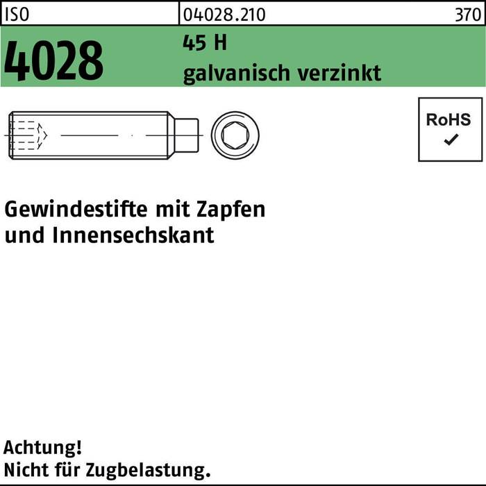 ISO 4028 45H galvanisch verzinkt', zeigt eine Schraube mit Bolzen und Innengewinde. 'RoHS' Symbol an der Seite. Hinweis: 'Nicht für Zugbelastung'.