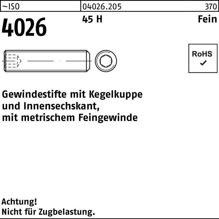 40265 Gewindestifte mit Kegelkupplung, metrisch fein', zeigt eine technische Zeichnung eines Befestigungselements. 'Achtung! Nicht für Zugbelastung.
