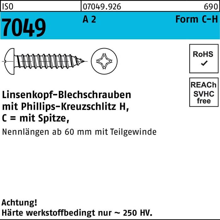 Rundkopf-Blechschrauben mit Kreuzschlitz, Abmessungen: 6 mm x 60 mm mit Teilgewinde. RoHS- und SVHC-frei.