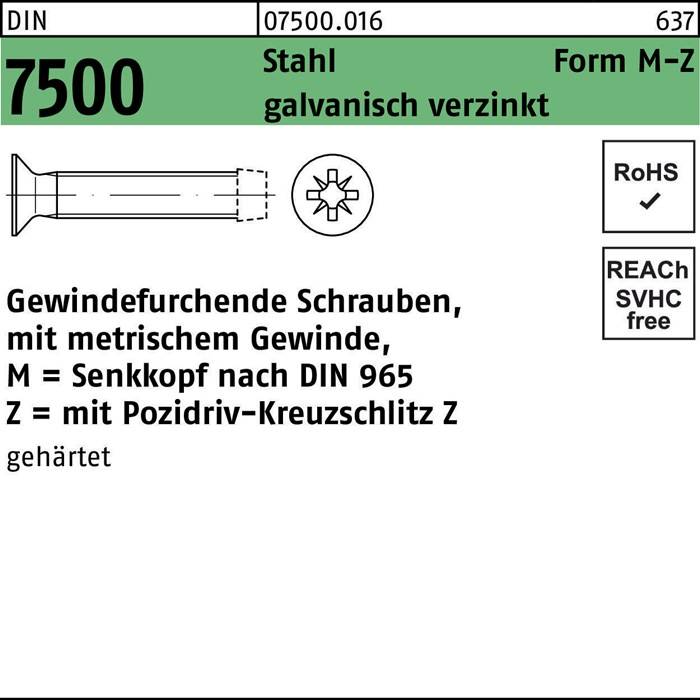 Schraubendiagramm mit der Bezeichnung '07500.016', mit Kreuzschlitz-Kopf (Pozidrive) und Querschnittsdarstellung, Metrisches Gewinde M=3, aus Stahl, verzinkt, RoHS-konform.