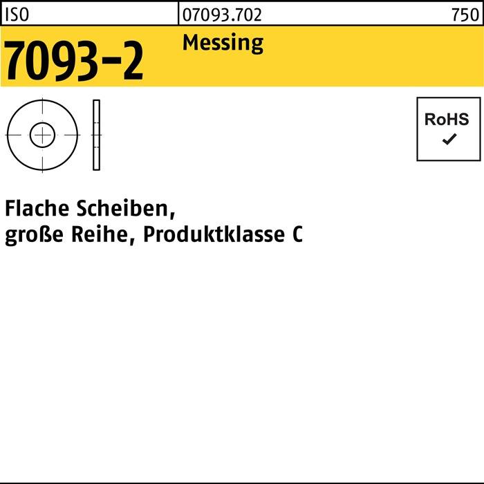 ISO 7093-2', 'Messing', 'große Scheiben, Produktklasse C', mit Maßangaben '750'. RoHS-konform-Symbol vorhanden.