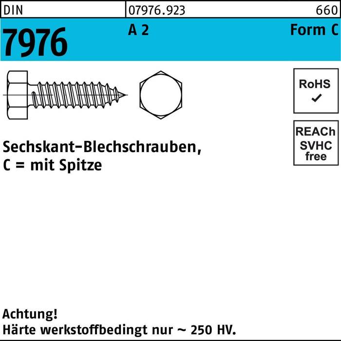 Sechskant-Blechschrauben, C = mit Spitze mit Diagrammen einer Sechskant-Schraube und ihrer Endansicht. Kennzeichnungen enthalten 'RoHS' und 'REACH SVHC-frei.