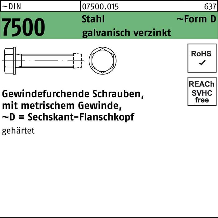 DIN 7500 D Stahl galvanisch verzinkt, mit metrischem Gewinde, D = Sechskant-Flanschkopf, SWG frech, RoHS.
