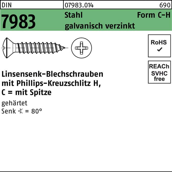 Produktetikett für Kreuzschlitzschraube Philips, Modell 7983, aus verzinktem Stahl, C90, mit Kreuzschlitz, Spitzenform, RoHS- und REACH-konform.