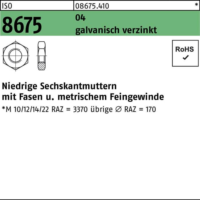 Metrische Sechskantmutter mit Feingewinde, verzinkt. M10/12/14/22, 3373 weitere Größen, Ø 170 RAZ. RoHS-konform.