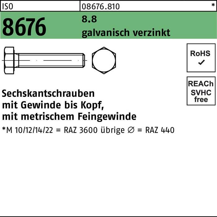 Etikett mit der Aufschrift 'Sechskantschrauben mit Gewinde bis Kopf, mit metrischem Feingewinde'. Produktcode 0876.810, RoHS- und REACH-konform.