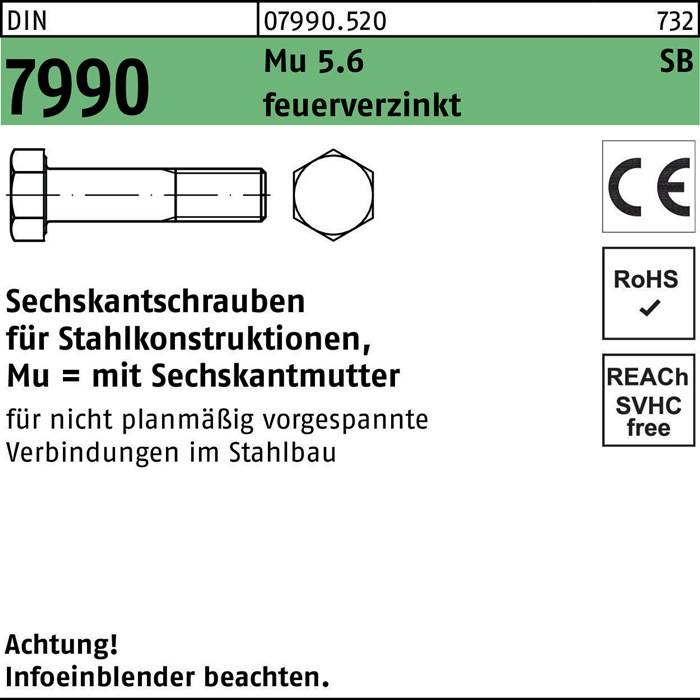 Sechskantschraube Diagramm mit Spezifikationen: '7990 Mu 059.56 feuerverzinkt', und Standards: CE, RoHS, SVHC-frei. Text lautet 'nicht planmäßig vorgespannte Verbindungen im Stahlbau'.