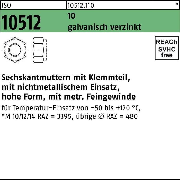 Sechskantmuttern mit Einsatz, für Hochtemperaturanwendungen, Feingewinde mit Linksgewinde, widerstandsfähig gegen über 120°C, Standardgrößen aufgeführt.