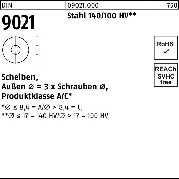 Scheibe DIN 9021 10,5x30x2,5 Stahl 140/100 HV 100 Stück