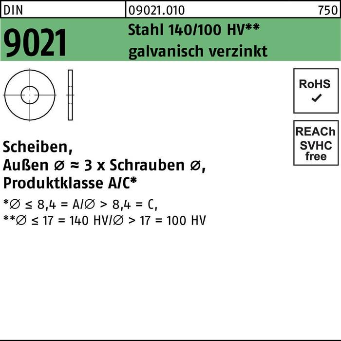 SCHEIBE 9021 Produktetikett: Stahl 140/100 HV** galvanisch verzinkt, RoHS- und REACH-konform. Durchmesserbezogene Spezifikationen und Bewertungen enthalten.