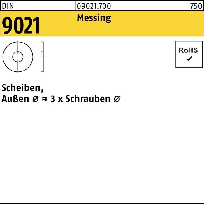 Eine technische Zeichnung einer Scheibe mit Schnitt- und Draufsicht; beschriftet mit 'DIN 9021', Maßangabe 'Außen Ø ≈ 3 x Schrauben Ø' und 'Messing'.