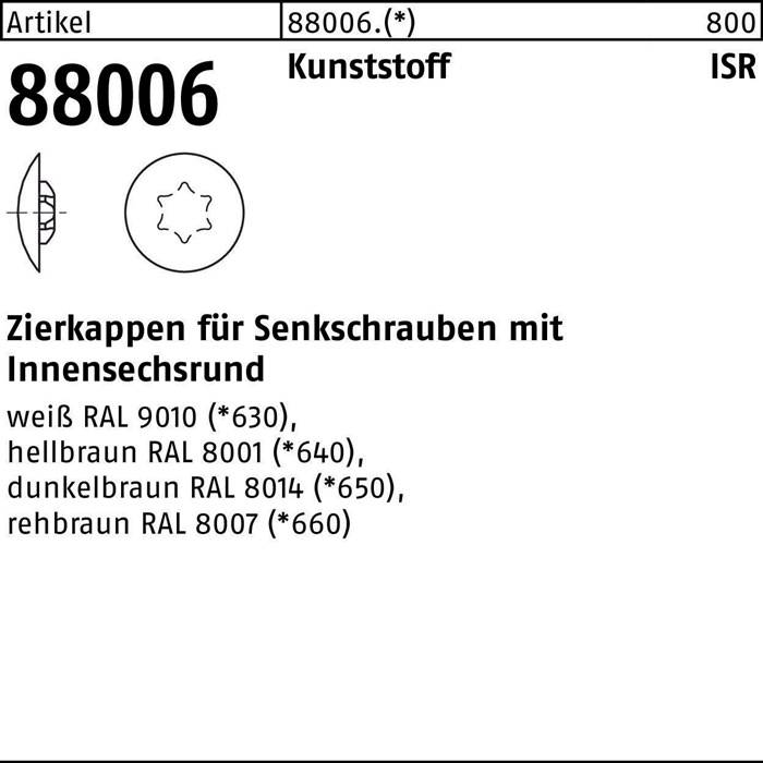 Artikel 88006. Kunststoff ISR. Zierkappen für Senkschrauben mit Innensechskant. Diagramm der Kappe; Farboptionen mit Codes aufgelistet.