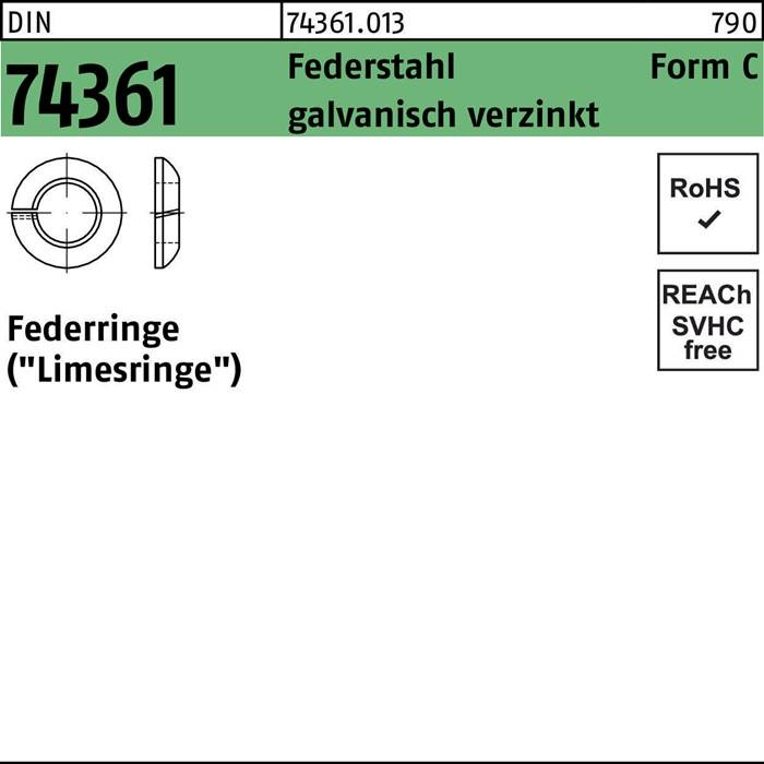 Torsionsfedern, Teilenummer 74361.031, verzinkter Stahl, Form C. Enthält Kontrollkästchen für RoHS- und SVHC-Konformität, REACH-freies Etikett.