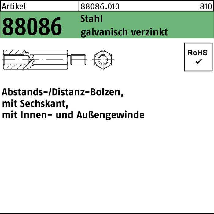 Sechskantabstandsbolzen R 88086 M3x 35/6 Innen/Außengew. Stahl gal Zn 100St.