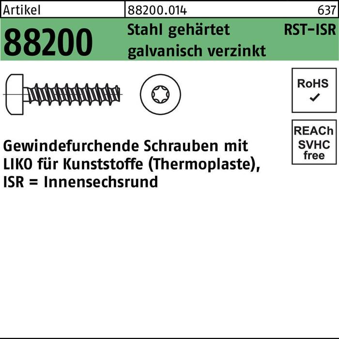 Schraube Typ 88200, verzinkter Stahl. Merkmale umfassen RoHS-Konformität und REACH-Freiheit. Verwendet für Kunststoffe mit Innensechskant.