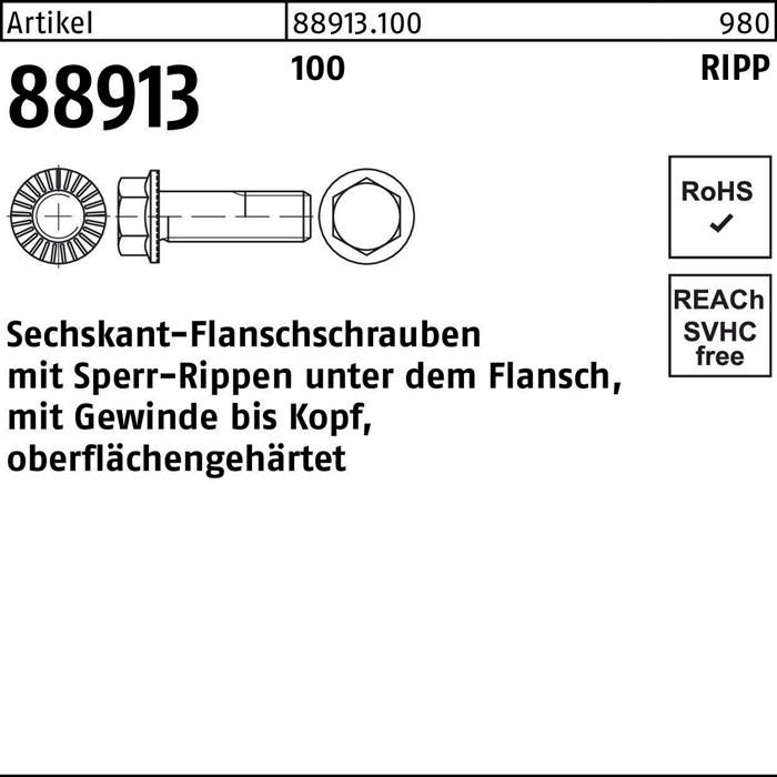 Schraubendiagramm mit Bezeichnung '88913', technische Details zu Flansch, Gewinderillen und Gewindeoberfläche. RoHS- und SVHC-Konformität nachgewiesen.