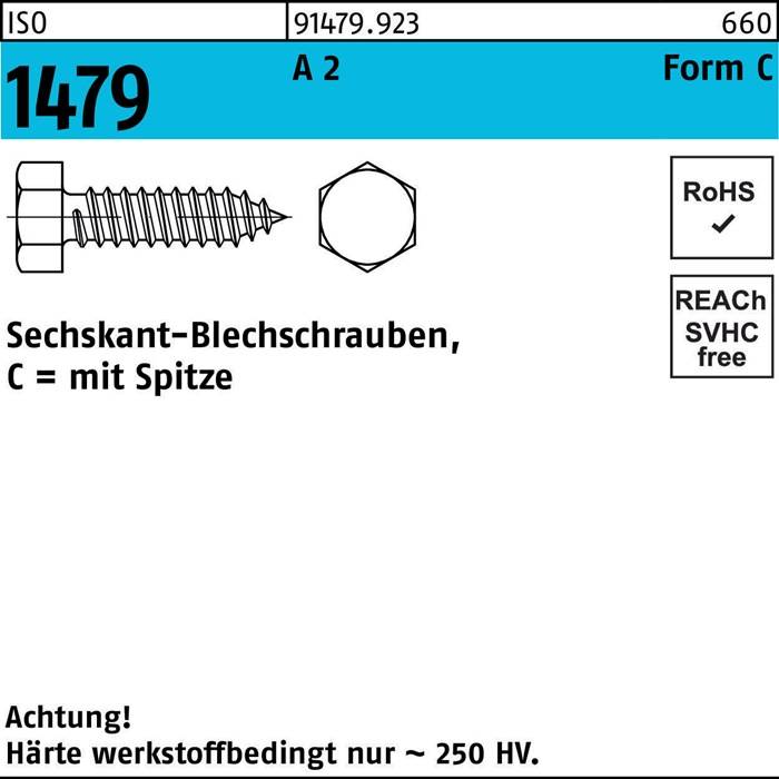 Zeichnung einer Sechskant-Blechschraube, beschriftet mit '1479', Größendetails: 'Sechskant-Blechschrauben, C = mit Spitze'. Enthält RoHS- und REACH-Konformitätssymbole.