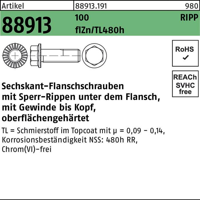 Technische Zeichnung einer Schraube mit Teilenummer 88913, Material 100 flZn/TL480h. Enthält Konformitätssymbole für RoHS und REACH.