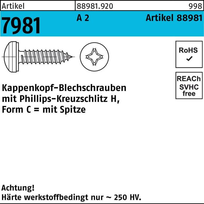 Das Bild zeigt eine technische Zeichnung und Spezifikationen für Kappenknopf-Blechschrauben mit Philips-Schlitz und spitzer Spitze. RoHS- und REACH-konform.