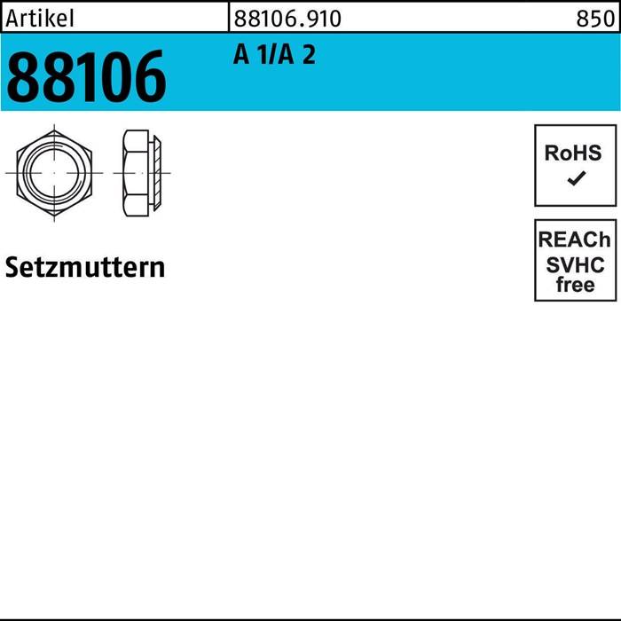88106 Setzmutter' Illustration mit Maßen. Zertifizierungen: 'RoHS' und 'REACH SVHC-frei'.