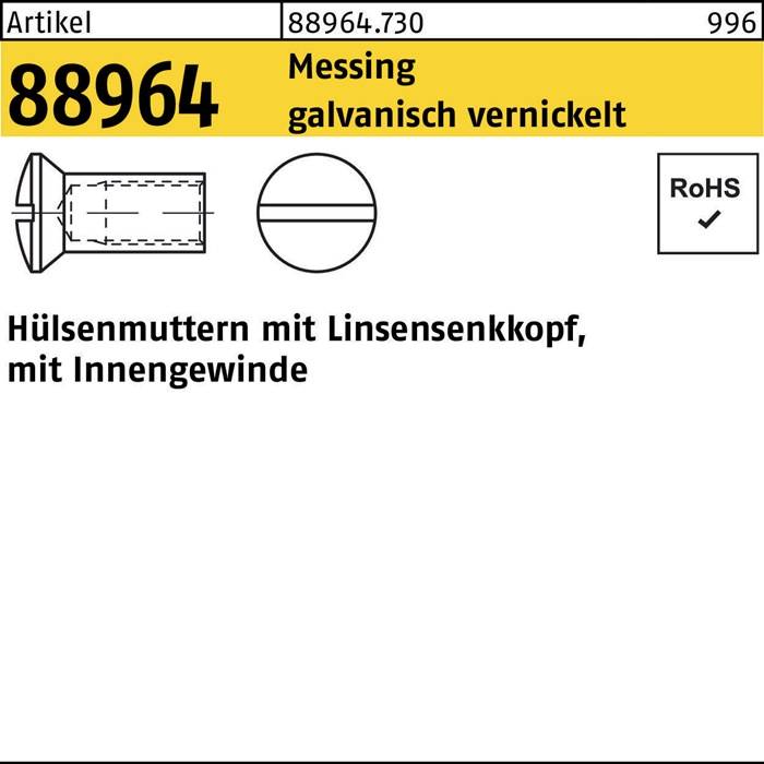 Technische Zeichnung eines Kuppelkopfes, Teilenummer 88964, vernickelte Messingausführung. Etikett enthält 'RoHS'-Konformität und Text auf Deutsch.