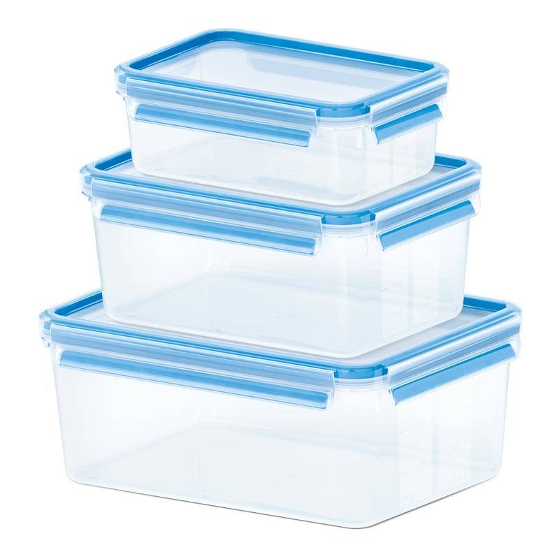 Drei ineinander geschachtelte, rechteckige, durchsichtige Plastik-Aufbewahrungsbehälter mit blauen Deckeln.