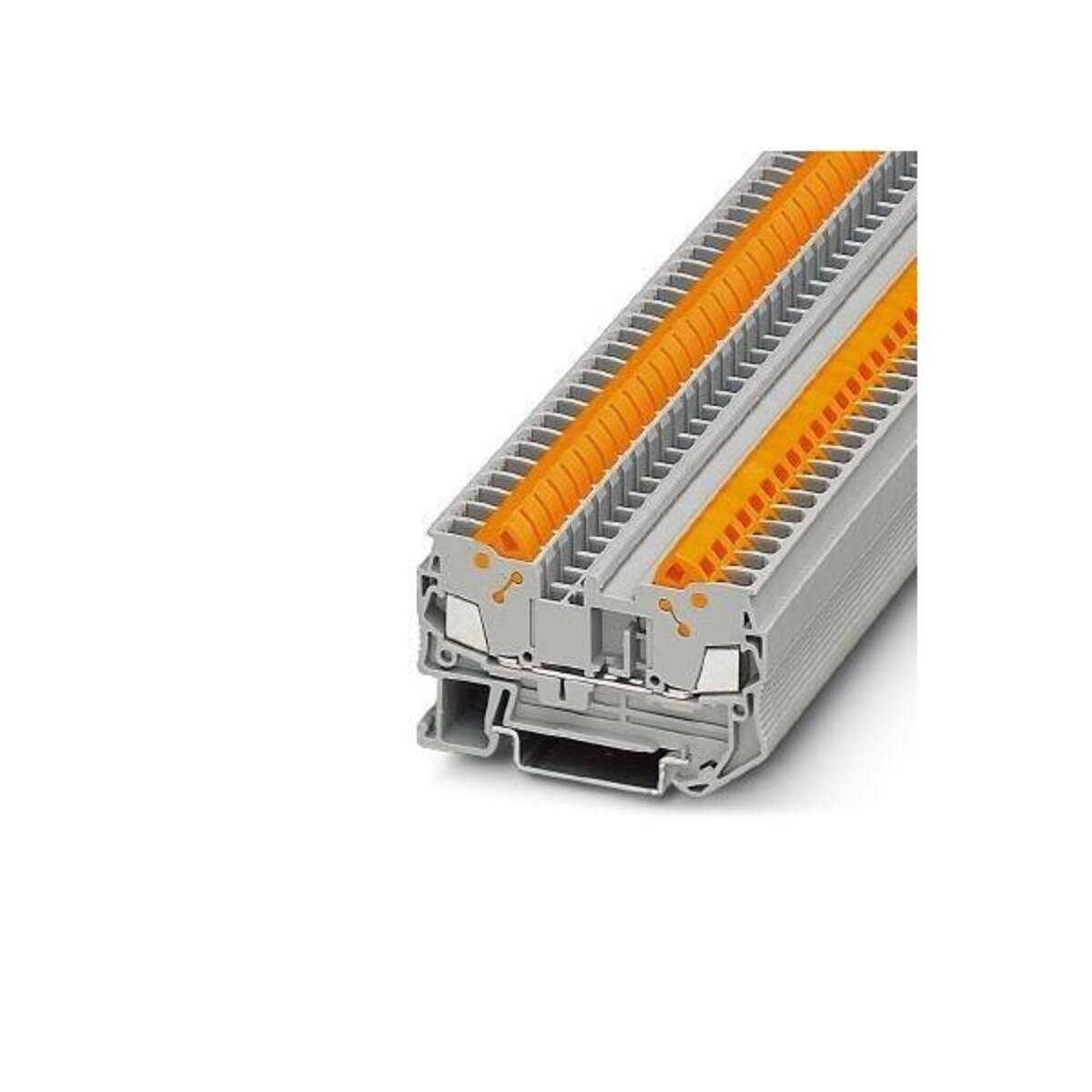 Querschnitt eines grauen Elektroklemmenblocks mit orangefarbenen Federklemmen-Steckverbindern, der interne Drahtverbindungskanäle zeigt.