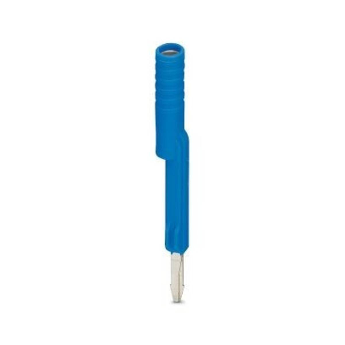 Blauer Kunststoffstift mit weißer Schreibspitze, auf weißem Hintergrund gezeigt.
