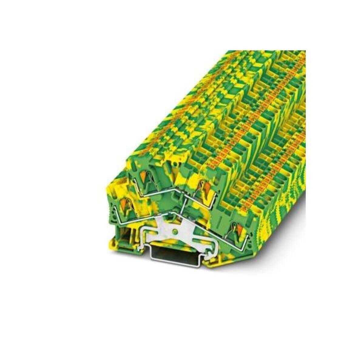 3D-Schnittdarstellung eines grün-gelben Elektroklemmenblocks, der interne Metallverbinder und die Drahtklemmstruktur zeigt.