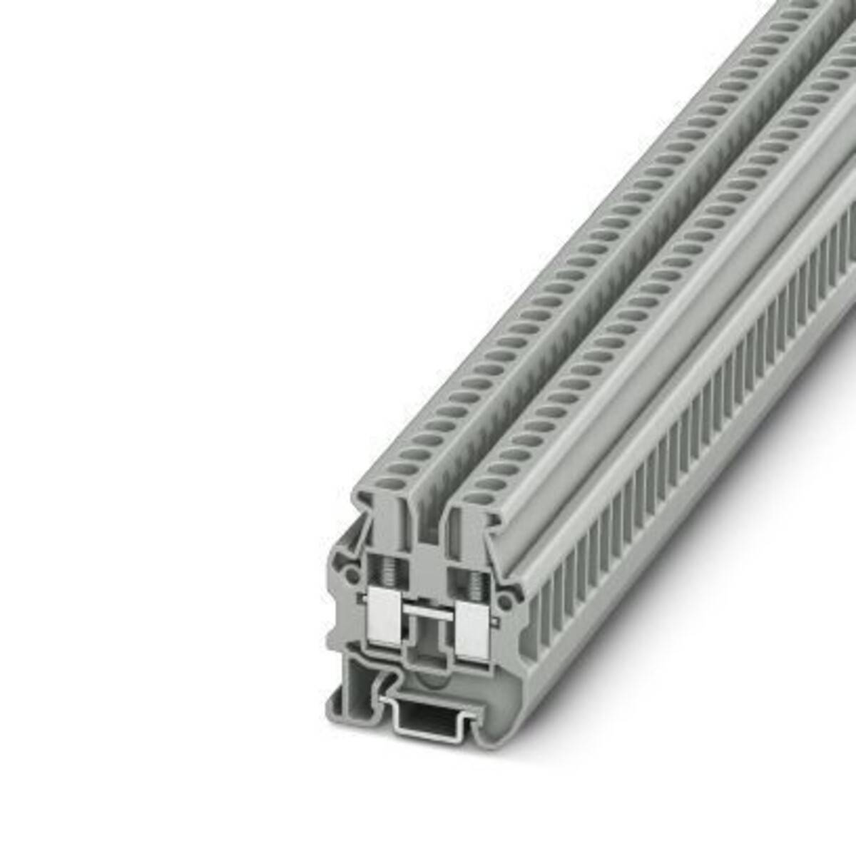 Grauer Reihenklemmenverbinder mit Schlitzen und zwei Reihen von Schraubanschlusslöchern, dargestellt auf weißem Hintergrund.