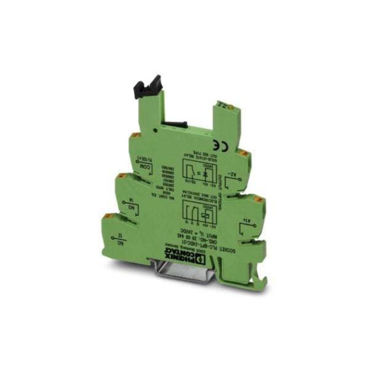 Ein grünes elektronisches Gerät mit der Aufschrift 'Phoenix Contact', ausgestattet mit Anschlussklemmen und technischen Spezifikationen. Für den industriellen Einsatz entwickelt.