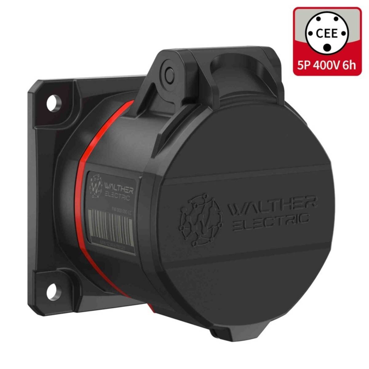 Schwarzer Walther Elektro-Industrie-Stecker mit rundem Deckel, gekennzeichnet mit „CEE 5P 400V 6h