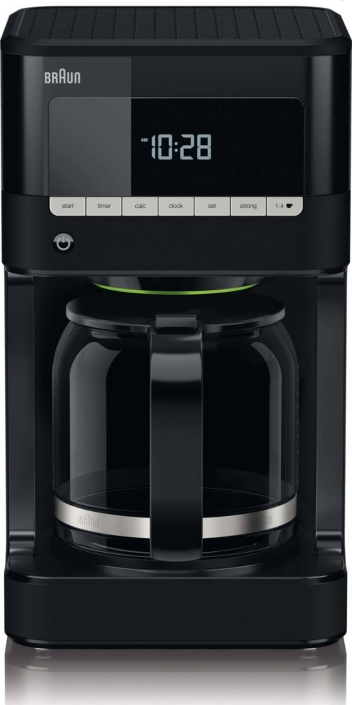 Schwarze Braun Tropfkaffeemaschine mit Glaskanne und digitaler Uhranzeige, die 10:28 Uhr anzeigt
